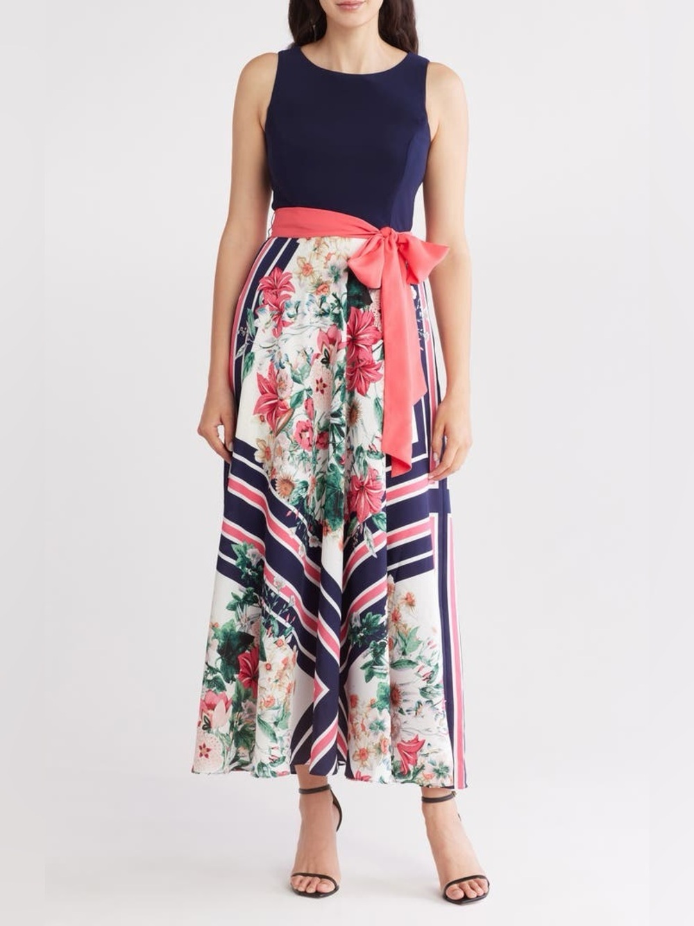 Eliza J Women Navy Twofer Scarf Print Sleeveless Belted Party Maxi Dress Size 8